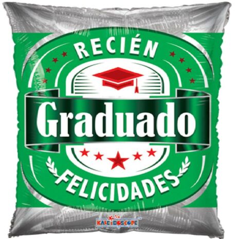 Globo Metalico Recien Graduado Felicidades Estrellas y Birrete de Graduacion, 20 Pulgadas en Forma de Rectangular, Marca Kaleidoscope