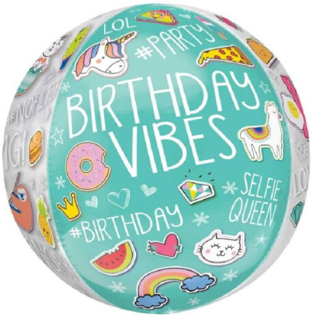 Globo Metalico Orbz Birthday Vibes LOL Emojis de Cumpleaños, 15 Pulgadas en Forma Circular, Marca Anagram