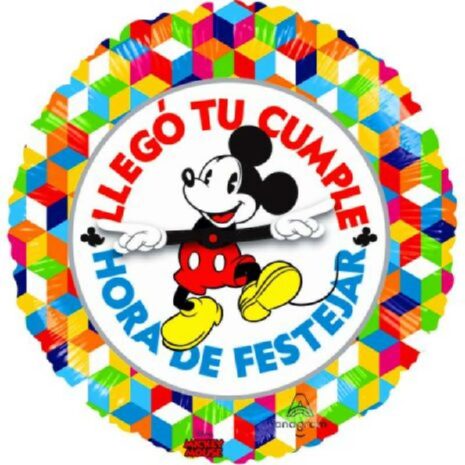 Globo Metalico Llego Tu Cumple Hora de Festejar Mickey Mouse de Cumpleaños, 18 Pulgadas en Forma Circular, Acabado Gellibeans, Marca Anagram