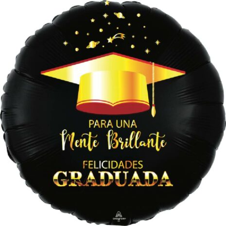 Globo Metalico Para Una Mente Brillante Felicidades Graduada Birrete de Graduacion, 18 Pulgadas en Forma Circular, Acabado Satinado, Marca Anagram