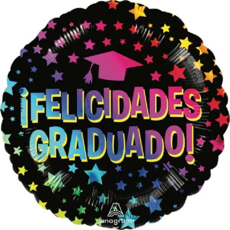 Globo Metalico Felicidades Graduado Magia de Estrellas de Graduacion, 18 Pulgadas en Forma Circular, Acabado Gellibeans, Marca Angram