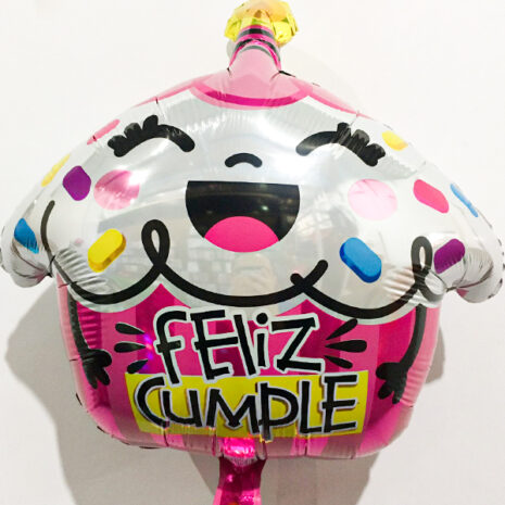 Globo Metalico Feliz Cumple Pastelito Sonriente Magia Rosa de Cumpleaños, 18 Pulgadas en Forma de Cup Cake, Marca Kaleidoscope