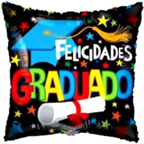 Globo Metalico Felicidades Graduado Estrellas y Birrete de Graduacion, 18 Pulgadas en Forma de Cuadrado, Marca Kaleidoscope