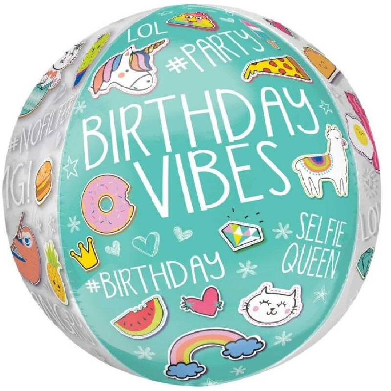 Globo Metalico Orbz Birthday Vibes LOL Emojis de Cumpleaños, 15 Pulgadas en Forma Circular, Marca Anagram