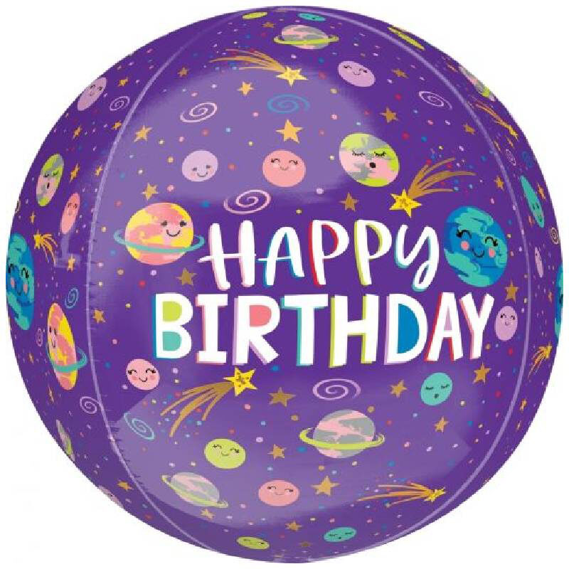 Globo Metalico Orbz Happy Birthday Galaxia Animada de Cumpleaños, 15 Pulgadas en Forma Circular, Marca Anagram
