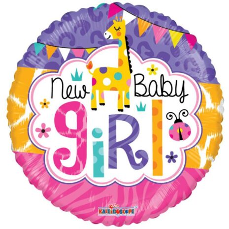 Globo Metalico New Baby Girl Fiesta Safari Jirafa de Baby Shower, 18 Pulgadas en Forma Circular, Acabado Gellibeans, Marca Kaleidoscope