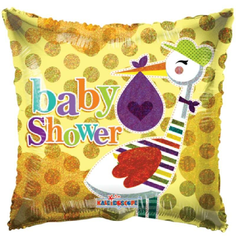 Globo Metalico Baby Shower Magia Silver Amarilla Cigueña de Baby Shower, 18 Pulgadas en Forma de Cuadrado, Acabado Holografico, Marca Kaleidoscope