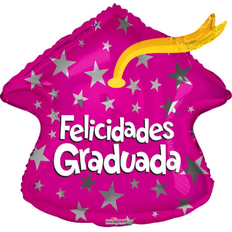 Globo Metalico Felicidades Graduada Magia Rosa de Estrellas de Graduacion,  18 Pulgadas en Forma Standar Sahape, Marca Kaleidoscope - Factor Fiesta
