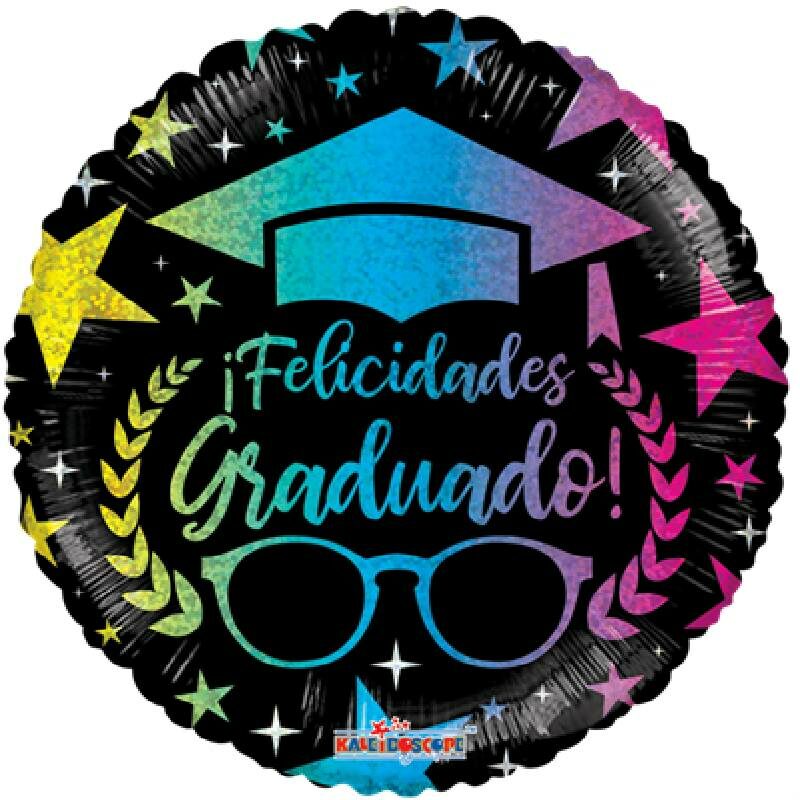 Globo Metalico Felicidades Graduado Lluvia de Estrellas de Graduacion, 18 Pulgadas en Forma Circular, Acabado Holografico, Marca Kaleidoscope