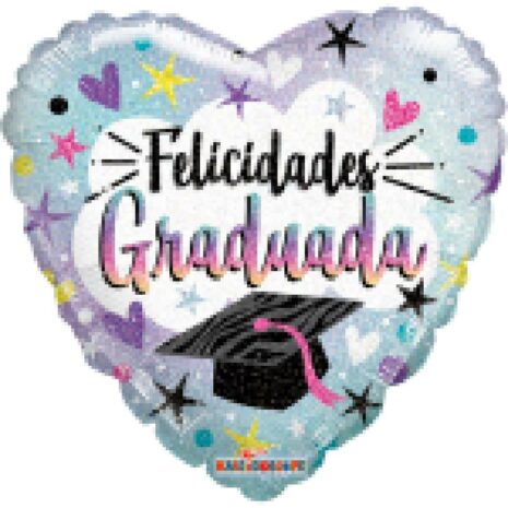 Globo Metalico Felicidades Graduada Magia Morada Birrete y Estrellas, 36 Pulgadas en Forma de Corazon, Marca Kaleidoscope