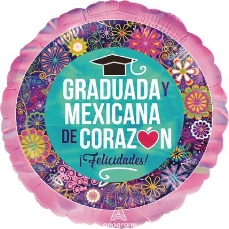 Globo Metalico Graduada y Mexicana de Corazon Magia Rosa de Graduacion, 18 Pulgadas en Forma Circular, Marca Anagram