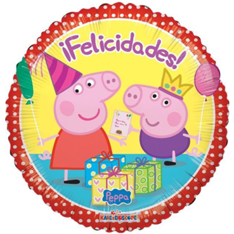 Globo Metalico Felicidades Peppa Pig Festejando de Cumpleaños, 09 Pulgadas en Forma de Circulo, Marca Kaleidoscope